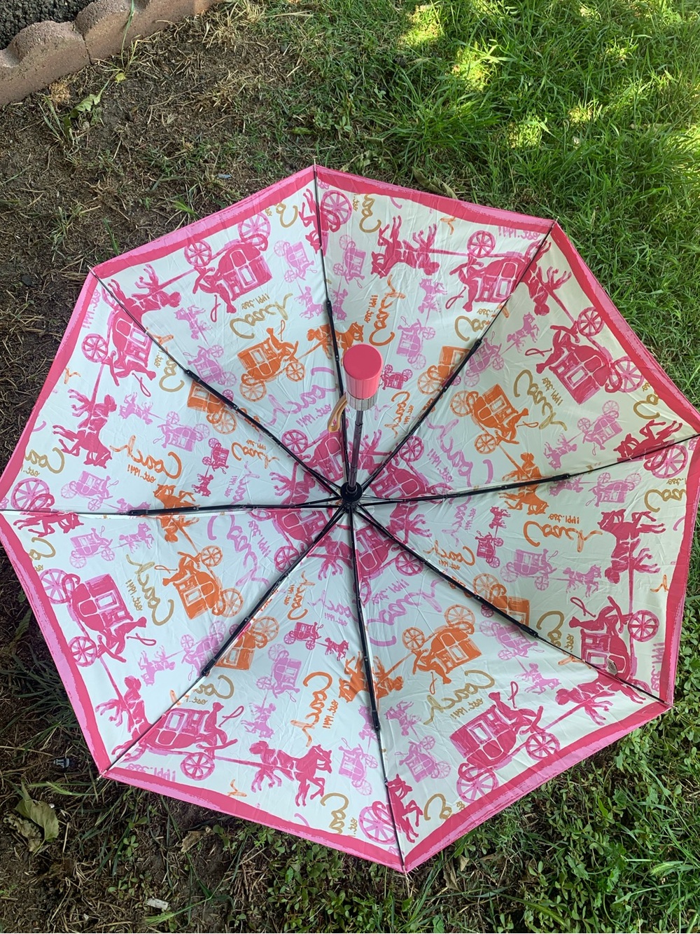 RARE Coach Rich Pink and Orange Carriage Print Umbrella “HARD TO FIND”